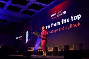 Abigail Vaughan, CEO of Zellis delivers her 'View from the top - Our strategy and outlook' presentation on the Zellis User Summit 2024 main stage.